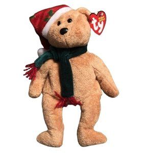 2003 Holiday Teddy TY Beanie Baby Tan Bear Red Hat Holly Scarf